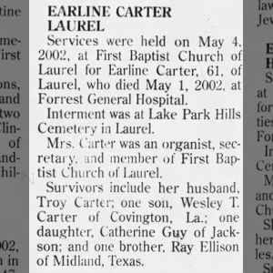 Earline's obituary in The Times, The Petal News.